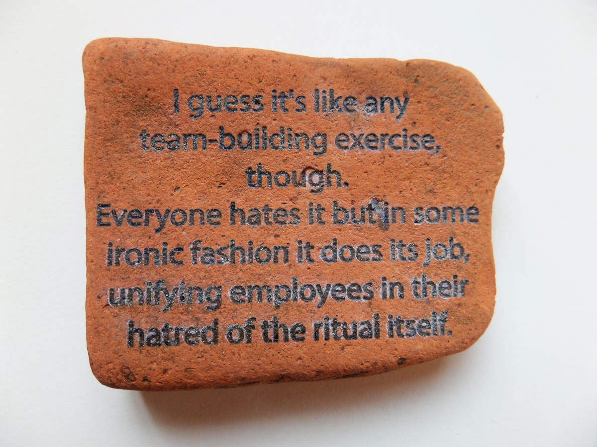 'The Ritual Itself' - Laser engraved text from internet on found brick, 2016